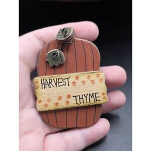 Large Thin Orange Painted Wood Pumpkin w HARVEST THYME Banner Brooch Pin